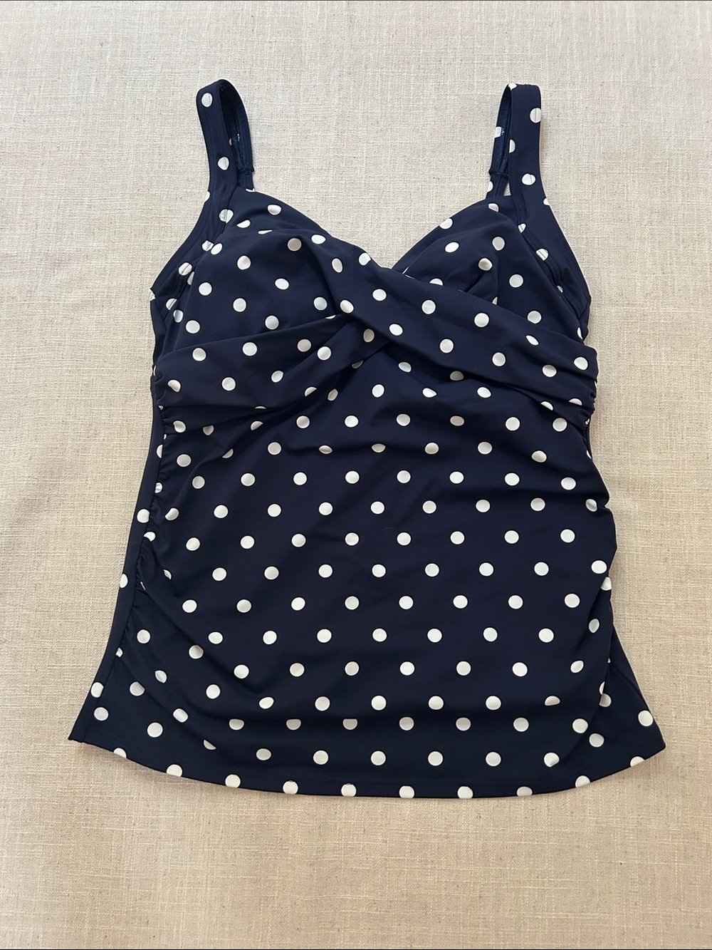 Lands' End Polka Dot Tankini Top Navy/White Size 4 Ruched Nautical Crisscross